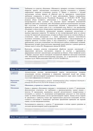 Лист 33 из 62 заключения ООО «СТАТУС КАПИТАЛ» по предписанию на 36 пунктов: пункты 20, 21 и 22: огнезащита и документы систем