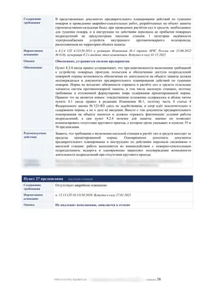 Лист 38 из 62 заключения ООО «СТАТУС КАПИТАЛ» по предписанию на 36 пунктов: пункты 26 и 27: инструкция персонала и освещение
