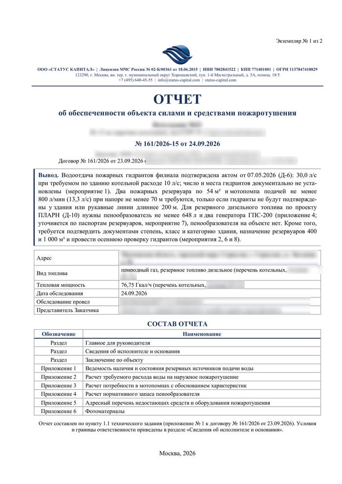 Титульный лист отчета об обеспеченности котельной силами и средствами пожаротушения: номер, объект, краткий вывод, состав
