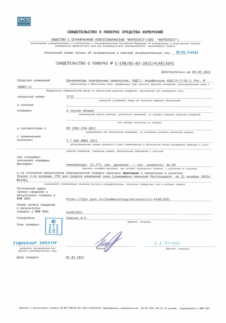 Скан документа: Свидетельство о поверке СИ