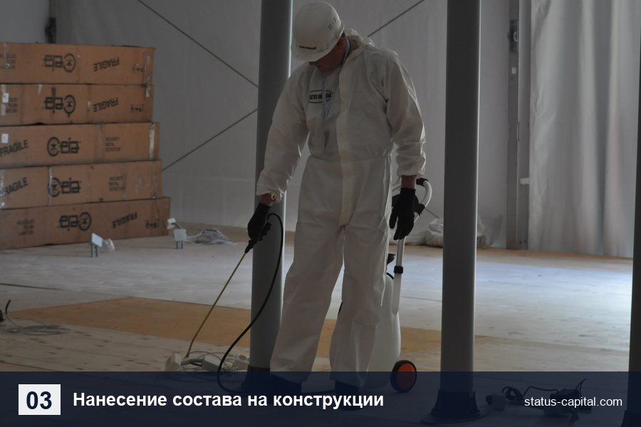Нанесение огнезащитного состава на деревянные конструкции павильона