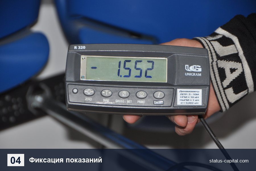 Показания динамометра при испытании стеклянного ограждения