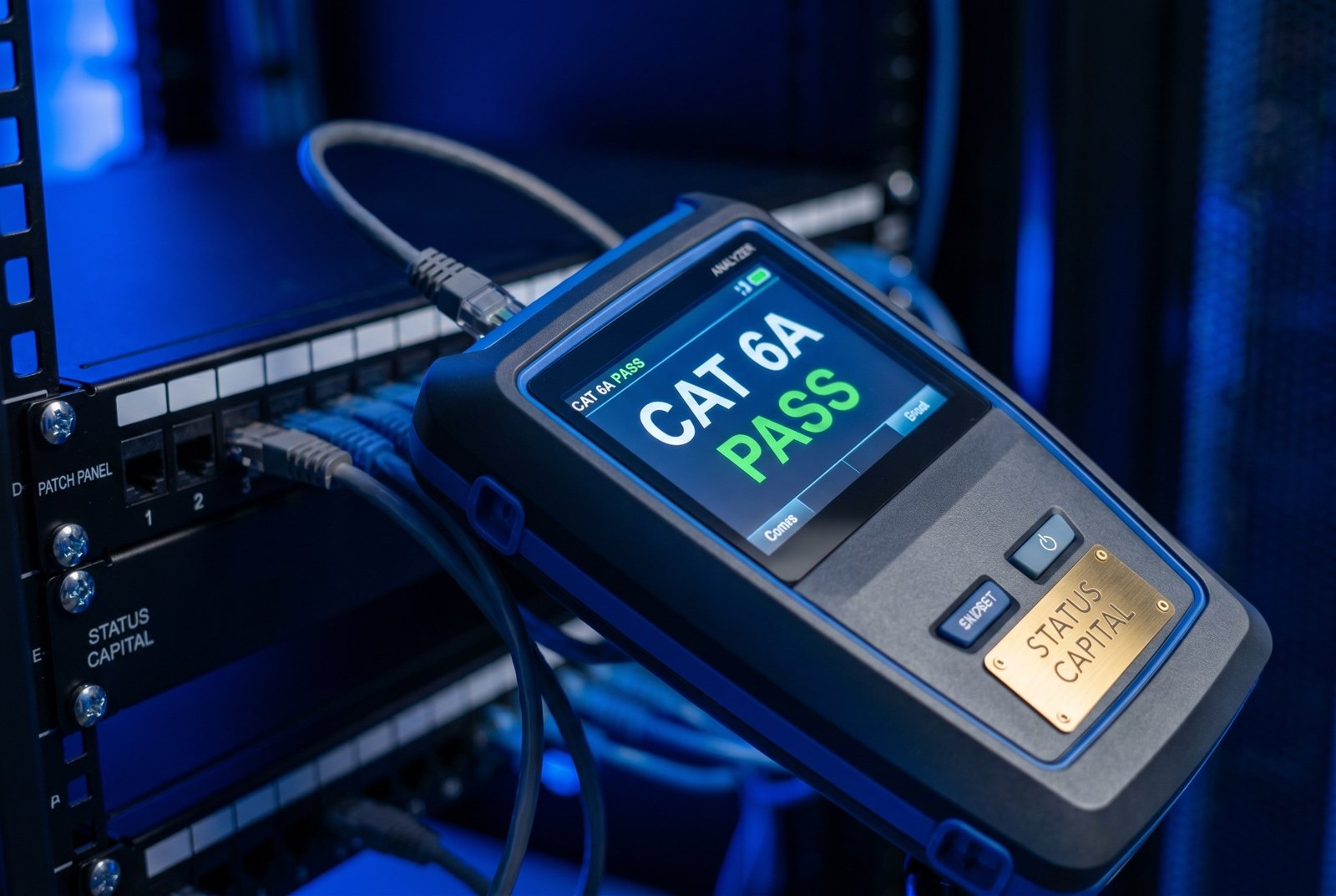 Сертификация канала СКС: анализатор показывает CAT 6A PASS - STATUS CAPITAL