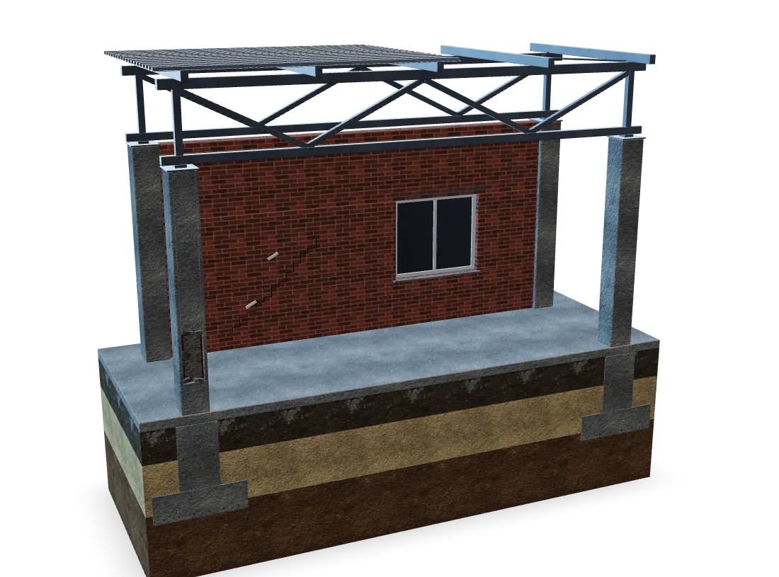 3D-модель условного фрагмента здания в разрезе: слои грунта, фундамент в сечении, железобетонные колонны, одна со сколом защитного слоя, кирпичная стена с трещиной и маяками, окно, стальные фермы и прогоны