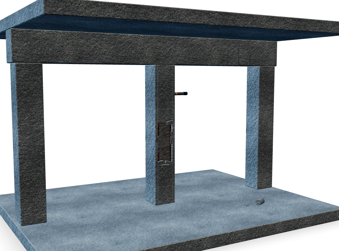 3D-модель условного железобетонного каркаса: три колонны, ригель и плита перекрытия, на средней колонне скол защитного слоя с продольной арматурой и хомутами, на боковой грани размеченный участок испытаний и склерометр, трещины в ригеле, место отбора керна в плите пола