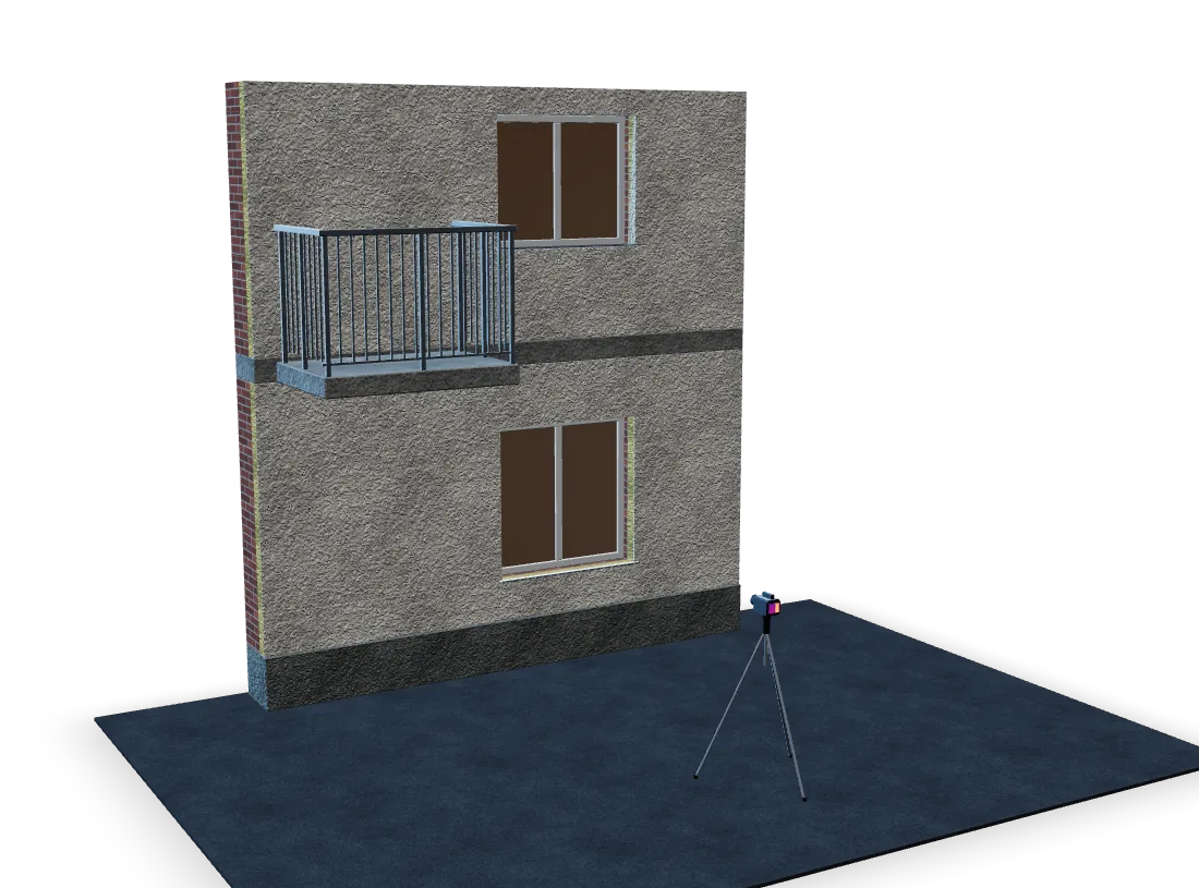 3D-модель условного фасада в разрезе: штукатурка, минеральная вата и кирпич, два окна с теплым светом изнутри, торец плиты перекрытия и балкон без утеплителя, цоколь; перед фасадом тепловизор на штативе с термограммой стены на экране